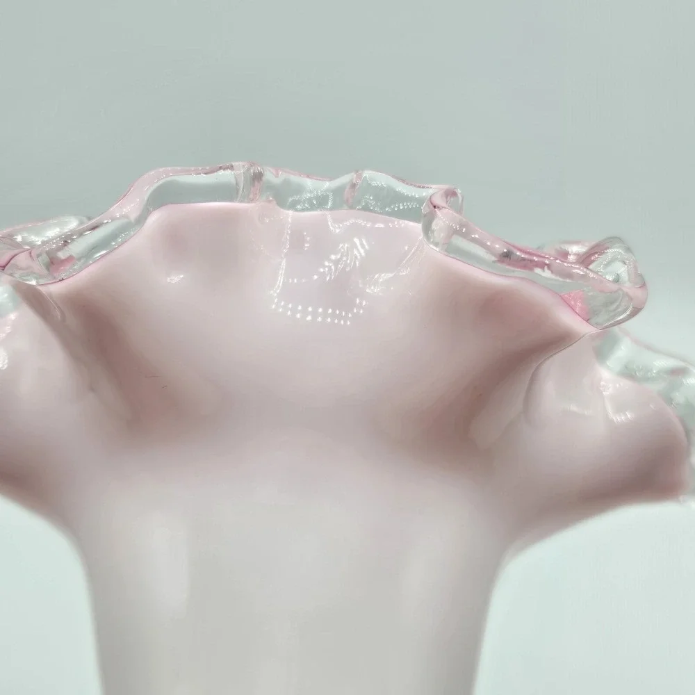Fenton Peach Crest White And Pink Glass Double Ruffled Crimped 8